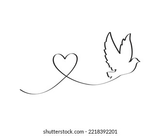 Flying dove silhouette in line of a heart, vector. Flying dove illustration isolated on white background. Minimalist art design.