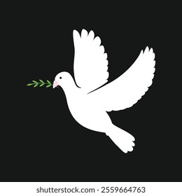 Flying dove silhouette or Pigeons with olive branch set love and peace symbols on a black background. International Day Of Peace.