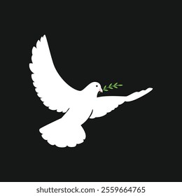 Flying dove silhouette or Pigeons with olive branch set love and peace symbols on a black background. International Day Of Peace.