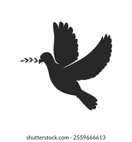 Flying dove silhouette or Pigeons with olive branch set love and peace symbols on a white background. International Day Of Peace.