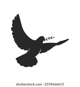 Flying dove silhouette or Pigeons with olive branch set love and peace symbols on a white background. International Day Of Peace.