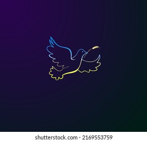 Flying dove silhouette in Ukraine blue yellow flag color of peace with spikelet of wheat. Concept of peace in Ukraine for web design, patriotic banner and poster on dark background