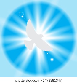 Flying dove silhouette. White bird on a blue radiant background. Abstract light rays. Peaceful flight.