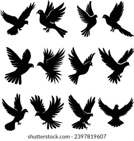Flying dove silhouettes isolated pigeons set love and peace symbols