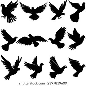 Flying dove silhouettes isolated pigeons set love and peace symbols