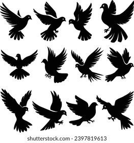 Flying dove silhouettes isolated pigeons set love and peace symbols