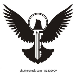 Flying dove with simple key icon, silhouette isolated on white.