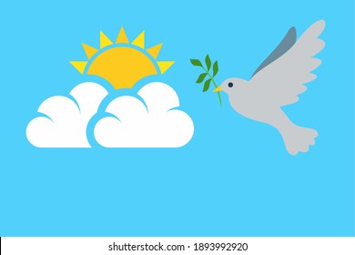 Flugtaube mit kleinem Olivenzweig und glänzende Sonne durch die Wolken auf blauem Himmel Kopienraum,Vektorgrafik