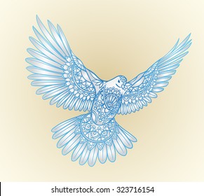 Flying dove with spread wings in ethnic patterns