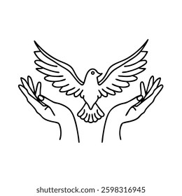 Flying dove with two hands. Bird symbol of peace and freedom in simple linear style Hand drawn line art flat vector illustration