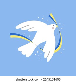 Flying dove with ukrainian flag ribbon. Vector illustration.