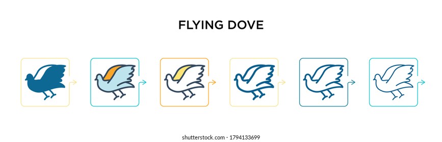 Flying dove vector icon in 6 different modern styles. Black, two colored flying dove icons designed in filled, outline, line and stroke style. Vector illustration can be used for web, mobile, ui