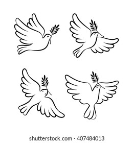Flying dove vector sketch set. Dove of Peace. Silhouette of a flying dove with olive branch. White pigeon doodle collection. Vector illustration