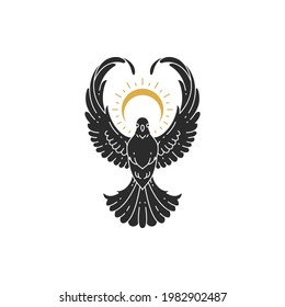 Flying dove wit sun hand drawn silhouette vector illustration. Witchcraft drawing for poster and mystic logo emblem decoration or fashion print.