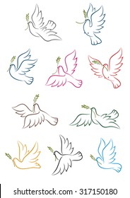 Flying doves with green olive tree branches isolated on white background. Peace conceptual icons, for religion or freedom design