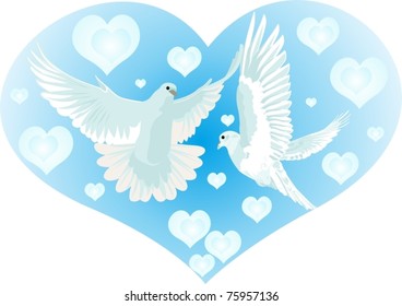 Flying doves on the background of an abstract image of the heart
