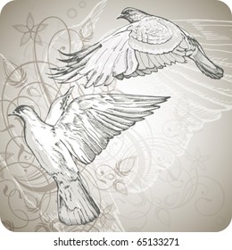 flying doves on the background of stylized ornament