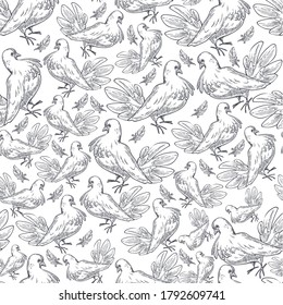 Flying doves seamless pattern. Colorless pigeons with fluffy plumage. Feathers of birds symbolizing freedom and peace. Wildlife fauna, tranquility. Monochrome sketch outline, vector in flat style