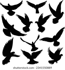 Flying doves silhouettes collection. Black vector flying birds