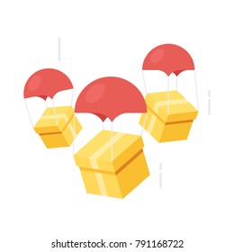 Flying down the parachute boxes. Delivery service. Parachute with parcel, gift in the sky. Holidays, delivery concept. Vector illustration isolated on white background