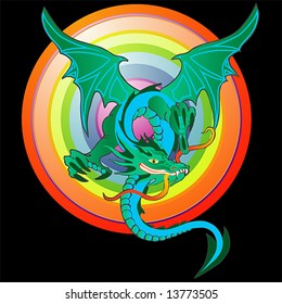a flying dragon against a circular rainbow