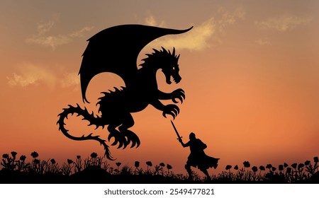 Dragón volador ataca espadachín en el campo. Slhouette Vector fantazy batalla de caballero con fondo realista del cielo del atardecer. El telón de fondo es perfecto.