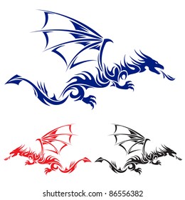 Flying Dragon. Blue, red and black Asian tattoo. Illustration on white background.