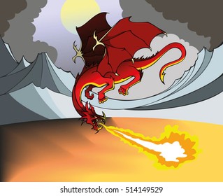 Flying Dragon breathing out fire, dismal landscape, vector illustration