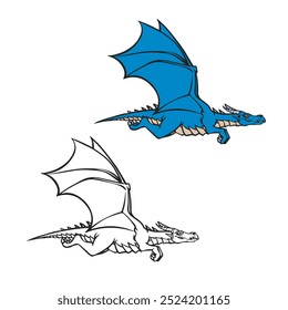 flying dragon. hand drawn. color and outline. line art. simple design. vector illustrations