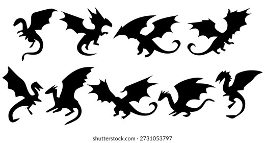 Flying Dragon Icon Set Flat Vetor com pose dinâmica para design de interface de jogo de fantasia