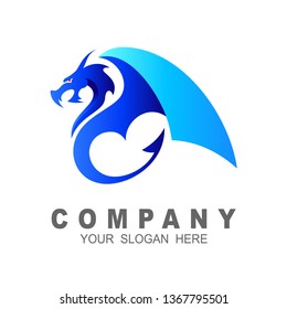 Flying dragon logo template, Dragon head vector logo, dragon with blue