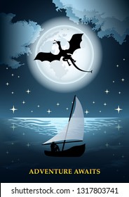 Flying dragon on the background of huge full moon and starry sky. The man in the boat with the sail. Fantasy fairytale poster vector Illustration