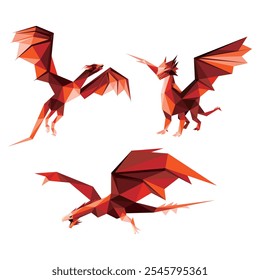 Flying Dragon in Polygonal Graphic Vector. Angry Red Dragon Low Poly Vector Illustration. Red Dragon Illustration Vector Low Poly Good for Kids Coloring Book