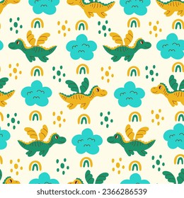 Flying dragon seamless pattern with rainbow cloud and dots. Cute childish seamless background with little dragon with wings flying in the sky. Repeat vector illustration