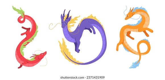 Flying dragon set for Chinese New Year 2024. Year of dragon. Zodiac sign in flat style. Symbol of oriental lunar new year. Asian dragon for decoration. Vector illustration isolated on white background