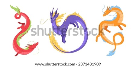 Flying dragon set for Chinese New Year 2024. Year of dragon. Zodiac sign in flat style. Symbol of oriental lunar new year. Asian dragon for decoration. Vector illustration isolated on white background