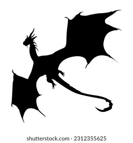 Flying dragon silhouette in black isolated on white background. Hand drawn vector silhouette of dragon lizard