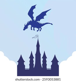 Flying Dragon Silhouette and Fantasy Castle 