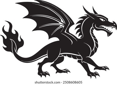 Flying dragon silhouette, Fierce expression mythical dragon vector on white background.