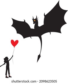 Flying dragon silhouette and girl with red balloon isolated on white background, vector. Flying dragon illustration. Cartoon character. Childish art design. Wall decals, artwork