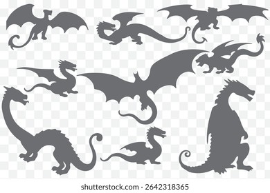Flying dragon silhouette icon set in bold black style with variations of fantasy winged creatures eps 10