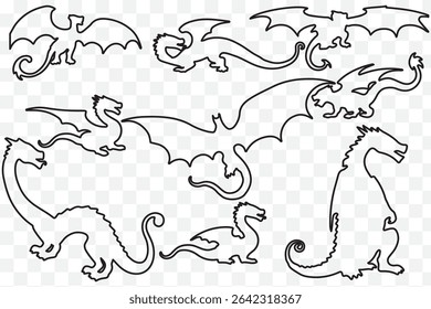 Flying dragon silhouette icon set in bold black style with variations of fantasy winged creatures eps 10