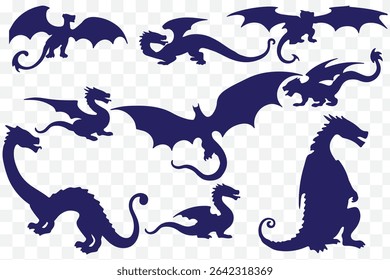 Flying dragon silhouette icon set in bold black style with variations of fantasy winged creatures eps 10
