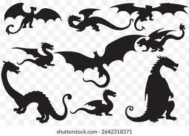 Flying dragon silhouette icon set in bold black style with variations of fantasy winged creatures eps 10