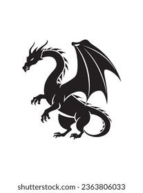 Flying dragon silhouette isolated on white background, vector. Flying dragon illustration. Cartoon character. Black and white art design. Wall decals, artwork