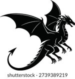Flying dragon silhouette vector illustration, mythical creature in motion with wings, horns, spiked crest, fantasy beast design for folklore, tattoo art