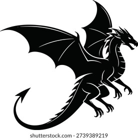 Flying dragon silhouette vector illustration, mythical creature in motion with wings, horns, spiked crest, fantasy beast design for folklore, tattoo art