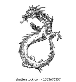 Flying dragon. Sketch tattoo. Engraving style. Vector illustration.