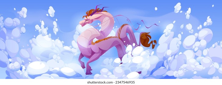 Flying dragon in sky air scene with cloud vector cartoon background. Abstract white sunny illustration with pink cute fairy tale dinosaur character and atmosphere fluffy cloudscape environment