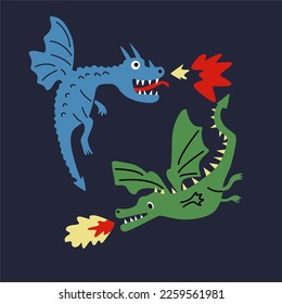 flying dragon vector. hand drawn cartoon for graphic tshirt and other print